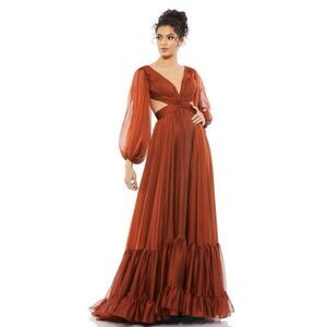 Mac Duggal Women's Pleated Cut Out Long Sleeve Lace Up Tiered Gown Style 67948 N